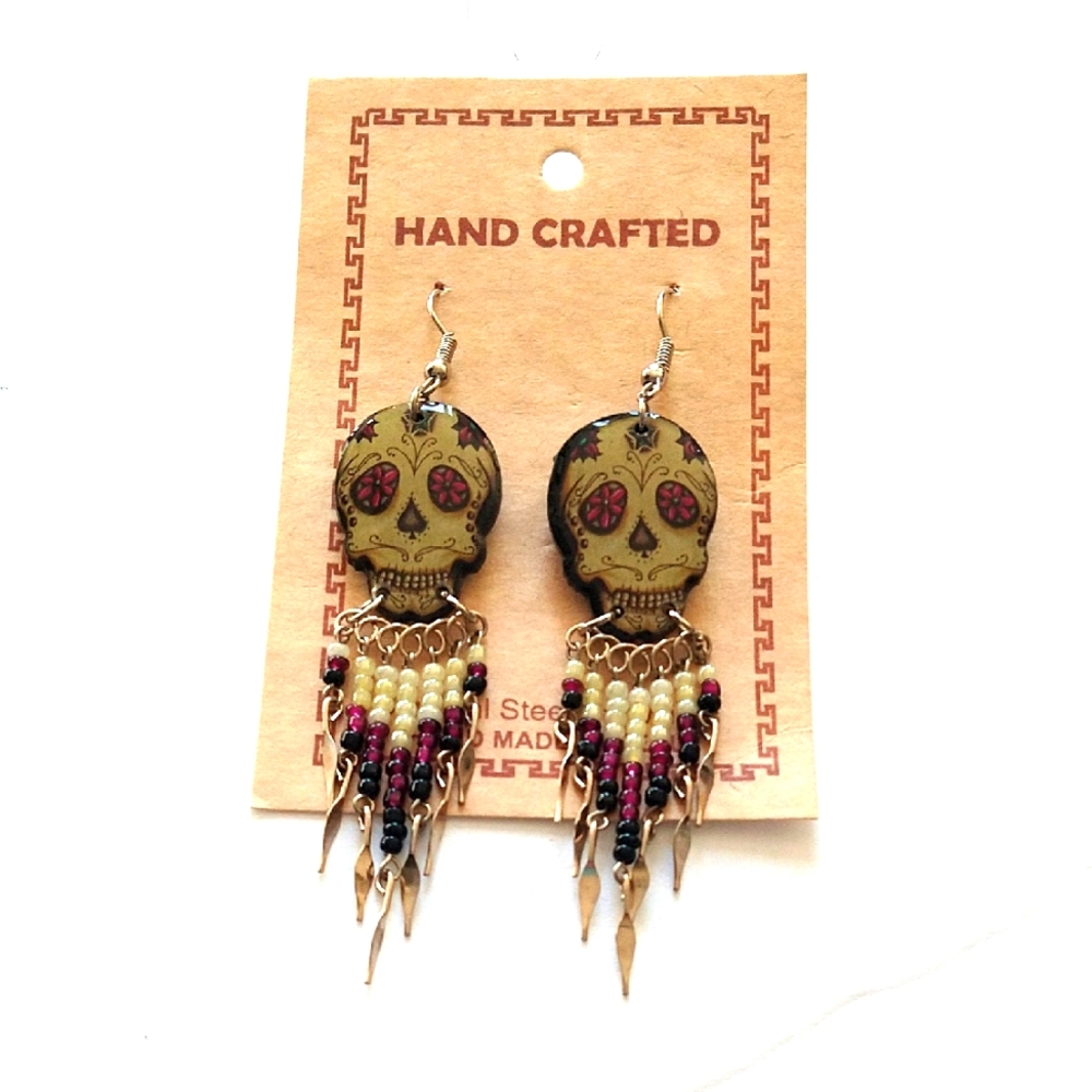 New Handcrafted Sugar Skull Day Of The Dead Beaded Earrings Surgical Steel Peru